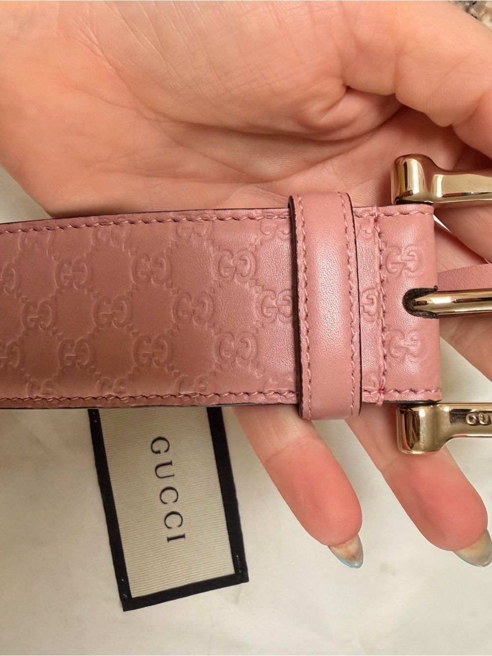 Gucci Rose Pink Embossed GG Leather Belt with Gold Hardware